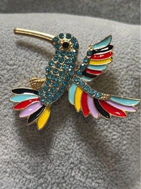 Colorful Crystal Hummingbird Brooch - Blue Multicolor Accent